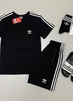 Літній комплект adidas шорти та футболка з тапками, спортивний набір адідас для хлопця шорти, футболка та шльопанці