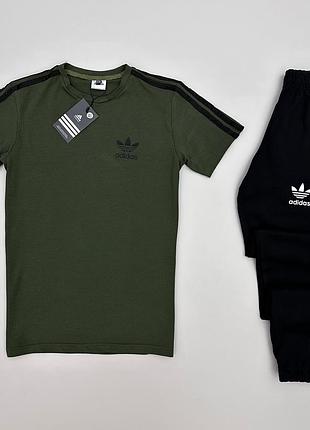 Хаки футболка и черные брюки adidas летний комплект мужской, спортивный костюм футболка и шорты адидас на лето