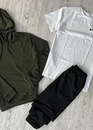 Демісезонний спортивний костюм nike худі хакі + штани (двонитка) + футболка біла nike