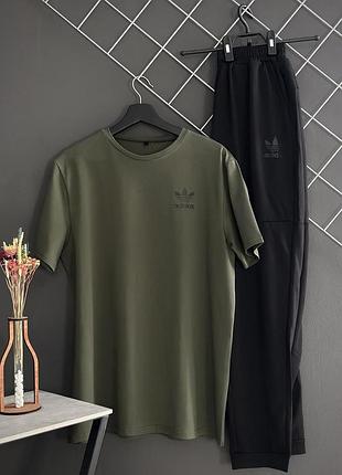 Летний комплект брюки черные adidas + футболка хаки adidas мужской спортивный костюм футболка и брюки adidas