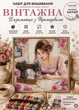 0530 набор для вышивки по нанесенной на канву схеме jozysh 40x40 см "винтажная вязальница с розовыми" aida 14ct