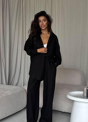 Костюм жіночий із льону сорочка та прямі штани чорний, 42/44
