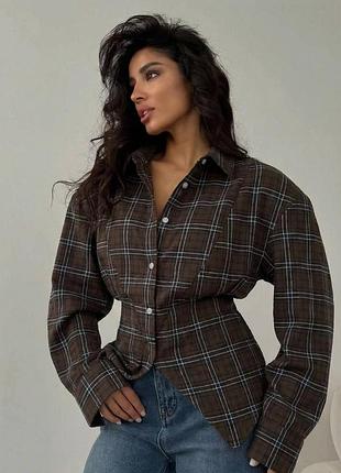 Жіноча стильна повсякденна сорочка з плечима в карту фланель шоколад
