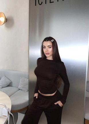 Женский базовый костюм двойка из мягкой вискозы шоколадный, 44/46