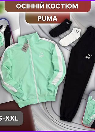 М'ятний спортивний костюм puma без капюшона, весняний осінній костюм пума кофта + штани м'ятного кольору, без флісу зі змійкою s