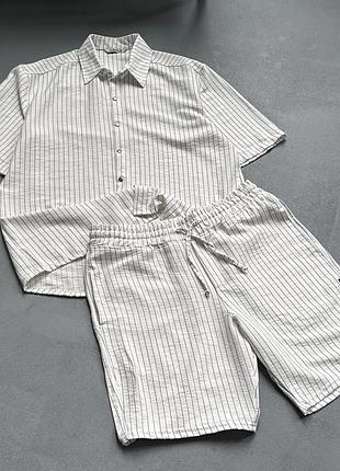 Мужской костюм из натурального льна белый рубашка и шорты cool повседневный в полоску стильный комплект на лето легкий льняной