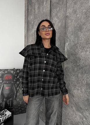 Женская стильная повседневная рубашка с баской и поясом в клетку турецкий фланель черный