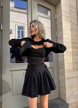 Женский стильный летний костюм-тройка с подтягивающим корсетным топом двухнитка + зербаная черный, 42/44