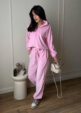 Костюм жіночий велюр з кантом і лого пудра, l/xl