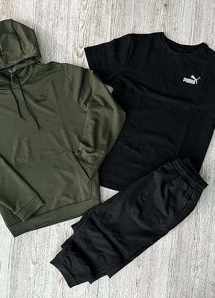 Демісезонний спортивний костюм puma худі хакі + штани (двонитка) + футболка чорна puma
