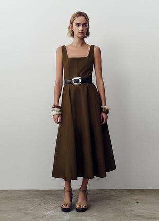 Коричневое платье миди с поясом zara