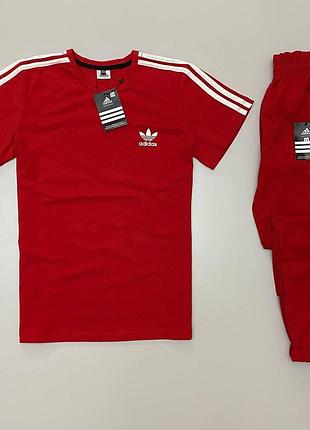 Червона футболка та червоні штани adidas літній комплект чоловічий, спортивний костюм футболка та шорти адідас для хлопця на літо