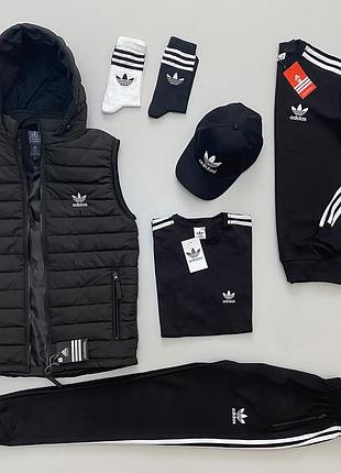Чоловічий спортивний комплект adidas 6в1 спортивний костюм з світшотом + футболка + шорти + жилетка + кепка, адідас набір 6в1