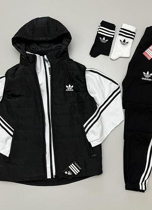 Мужской спортивный костюм adidas с жилеткой, комплект 3в1 костюм адидас белая кофта и черные брюки + жилетка
