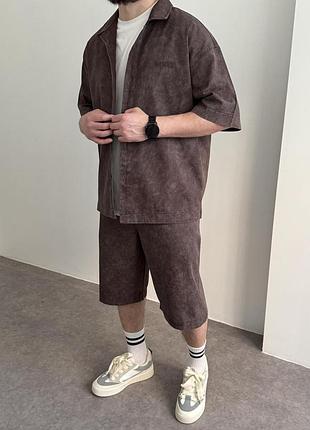 Стильный оверсайз комплект acid wash (рубашка + шорты) в бордовом цвете 🔝😍