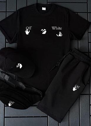 Чоловічий спортивний костюм off-white футболка та шорти + кепка та бананка літній комплект off-white 4в1 чорни xxl