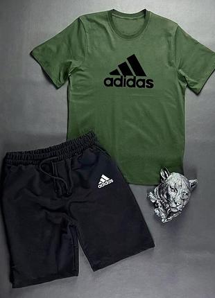 Мужской летний комплект adidas хаки футболка и черные шорты набор adidas шорты футболка на парня адидас l