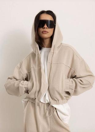 Итальянский женский костюм made in italy премиум: худи на молнии с капюшоном + штаны джоггеры, бежевый/песочный, s/m/l m