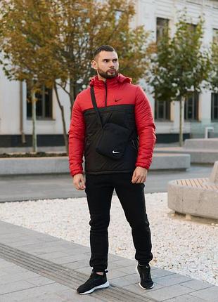 Комплект мужской nike: анорак утепленный красно-черный + брюки из трехнитки утепленные черные. барсетка у подарунок! #