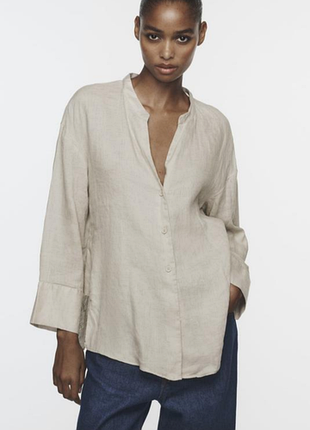 ​🌿 льняна сорочка оверсайз zara у благородному натуральному відтінку