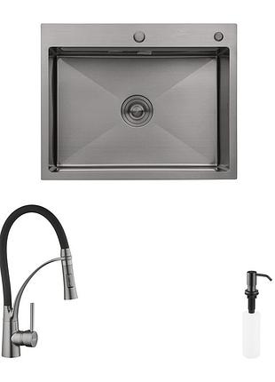 Комплект кухонная мойка kroner schwarze-6350hm pvd + смеситель ersel-grp03393blk + дозатор spender-sch049