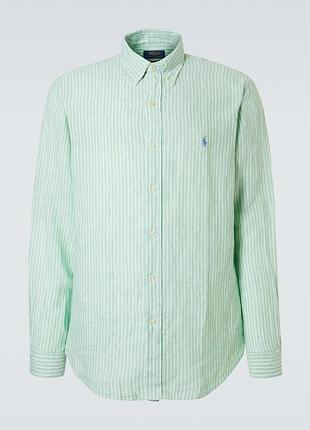 Сорочка з льону від polo by ralph lauren bradford custom fit у зелено-білу смужку.