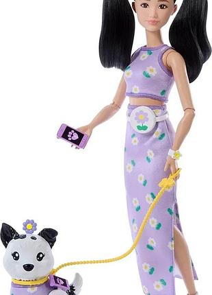 Кукла barbie twinning looks doll with pet dog in matching purple барби в одинаковых нарядах и с собакой, jfp39