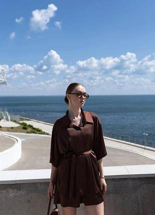Жіночий стильний повсякденний шовковий костюм із преміум шовку шоколад