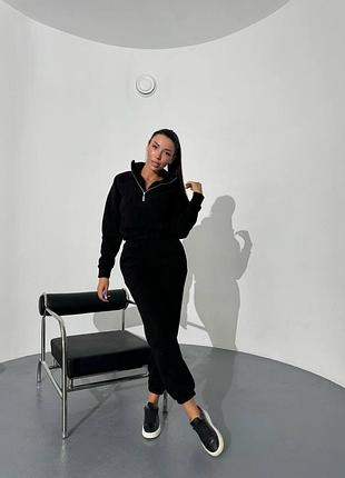 Женский теплый прогулочный костюм двойка: кофта и брюки двусторонний флис черный, 46/48