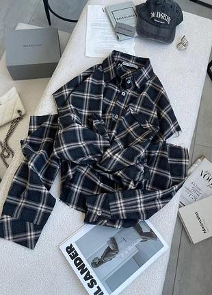 Женская стильная повседневная рубашка в клетку фланель черно-бежевый