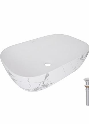 Раковина накладная qtap robin 600x390x150 мм, marble, прямоугольная, с донным клапаном qtrob188mr49788