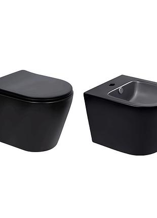 Комплект qtap scorpio matt black 2 в 1: унитаз подвесной ultra quiet qt14332380amb + биде подвесное