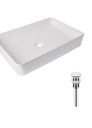 Комплект qtap tern: раковина накладна прамокутна 600x400x110 мм white + донний клапан pu02