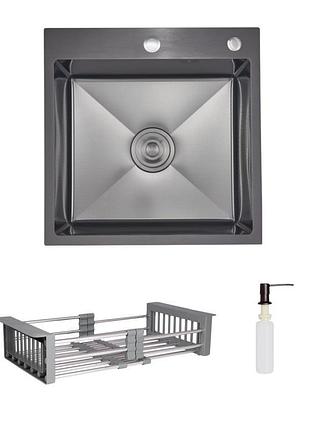 Комплект lidz handmade h5050hb мойка для кухни интегрированная decor black pvd honeycomb в комплекте с дозатором + lidz k01g корзина