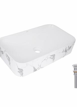 Раковина накладная qtap tern раковина накладная 610x350x135 мм, marble, прямоугольная, с донным клапаном qter188mr49791