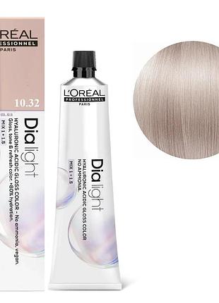 Гель-краска безаммиачная тонирующая l'oreal professionnel paris на кислотной основе dia light 10.32 молочный коктейль очень светлый золотистый блонди…