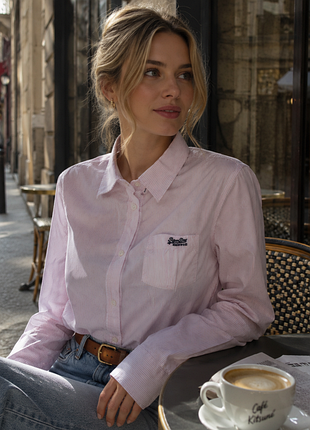 Оригінальна жіноча сорочка білого кольору в рожеву смужку superdry shirt made in india