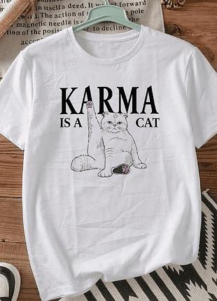 Белая футболка с принтом «karma is a cat» размер xl . мемные принты. футболки для женщин и мужчин.