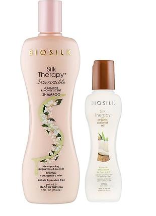 Набор для восстановления и блеска волос biosilk silk therapy с жасмином шампунь 355 мл + жидкий шелк 67 мл