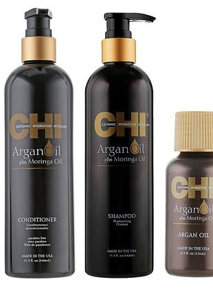 Набор для питания волос chi argan oil шампунь 340 мл + кондиционер 340 мл + масло 15 мл