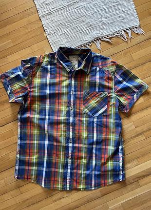 Яскрава чоловіча сорочка mustang jeans, xl, 100% бавовна, яскравий картатий принт, літній casual стиль.