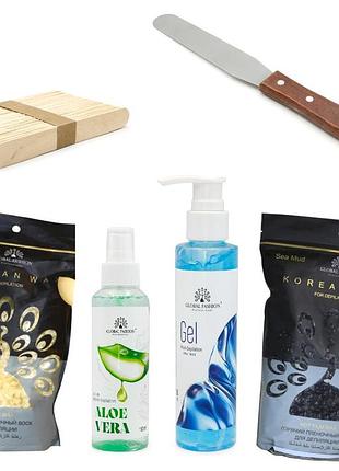 Набір для депіляції global fashion start kit без воскоплаву korean wax 2×1 кг + шпателі + лосьйон та гель