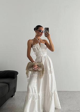 Довга біла сукня prettylittlething white ruched backless strappy maxi dress з натуральної тканини