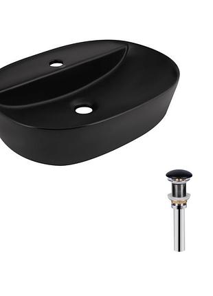 Комплект qtap scorpio: раковина накладна овальна 500x380x120 мм matt black + донний клапан pu03