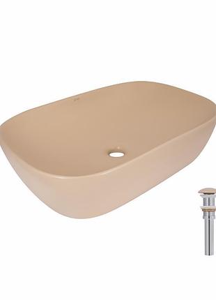 Раковина накладная qtap robin 600x390x150 мм, beige, прямоугольная, с донным клапаном qtrob188sb49787