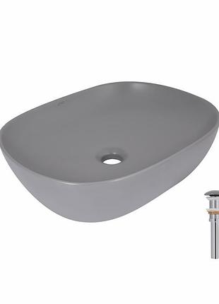 Раковина накладная qtap aquarius 470x380x120 мм, stone grey, прямоугольная, с донным клапаном qtaqa188sg49780