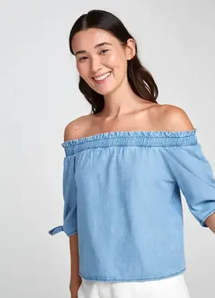 Очень красивая блузка блуза new look denim лиоцелл с открытыми плечами 12(40) р-р бренд оригинал