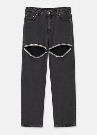 Джинсы h&m серые прямые со стразами на коленях, wide leg, рваные джинсы, размер 40 l