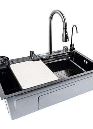Кухонная мойка многофункциональная zerix zh7546-set-07 micro decor graphite со встроенным смесителем из нерж.стали