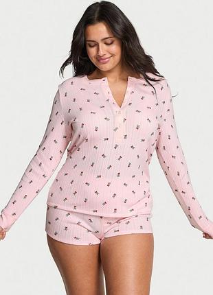 Жіноча піжама (шорти + лонгслів) victoria's secret (225177154216) cozy pointelle henley short s рожева
